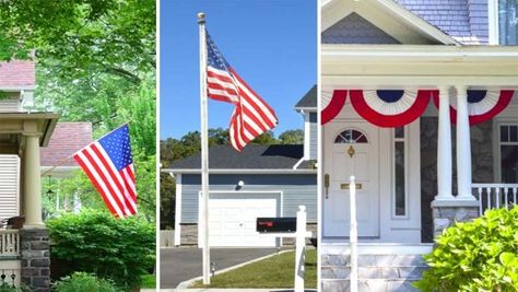 Tips for Hanging a Flag on Your House - Home Tips for Women Flag Hanging Ideas Outside, Flag Placement On House, Flag On House Front Porches, Flag Hanging Ideas, American Flag On House, Flag On House, Flag Pole Landscaping, House Show, Hanging Flags