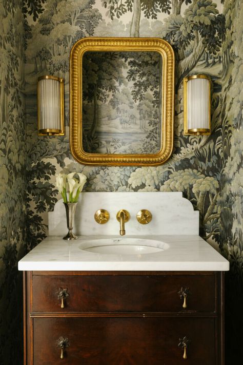 Powder Bath With Wainscotting, Painted Powder Room Vanity, Curved Bathroom Vanity Cabinets, Curved Bathroom Backsplash, Powder Room Countertop, Wallpaper And Tile Bathroom, Power Room Ideas, Curved Marble Backsplash, Parisian Style Bathroom