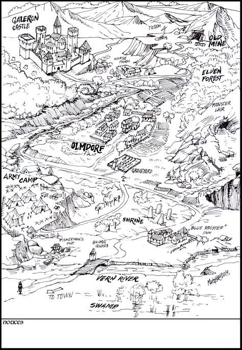 How To Draw A City Map, Map Castle Drawing, Castle With Village, Imaginary Maps Drawings, Maps Drawing, Cartography Design, Army Camp, Village Drawing, Elven Forest