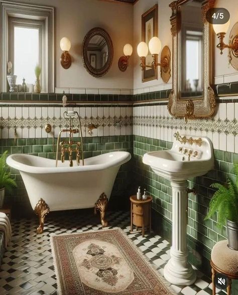 Interior Design Vintage Retro, Small Craftsman Bathroom Ideas, Bathroom Tiles Vintage, Hobbit Bathroom, Victorian Home Bathroom, Vintage Boho Bathroom, 30s Bathroom, Vintage Bathroom Aesthetic, Vintage Apartment Aesthetic