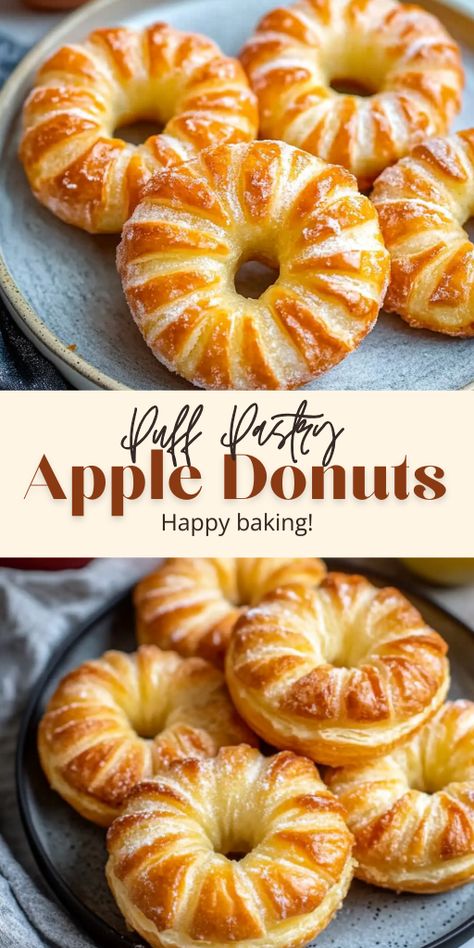 🍩✨ Whip up these flaky puff pastry apple donuts for the ultimate breakfast or snack! 🍎 Filled with tender apples and a touch of cinnamon, they’re quick, easy, and so delicious. Perfect for fall treats or anytime you crave something sweet! #PuffPastryDonuts #AppleDesserts #EasyRecipes #BreakfastIdeas ❤️🍁 Apple Donuts Recipe, Apple Recipes With Puff Pastry, Air Fry Donuts, Puff Pastry Apple, Sliced Apple, Apple Puff Pastry, Apple Donuts, Fried Donuts, Apple Rings