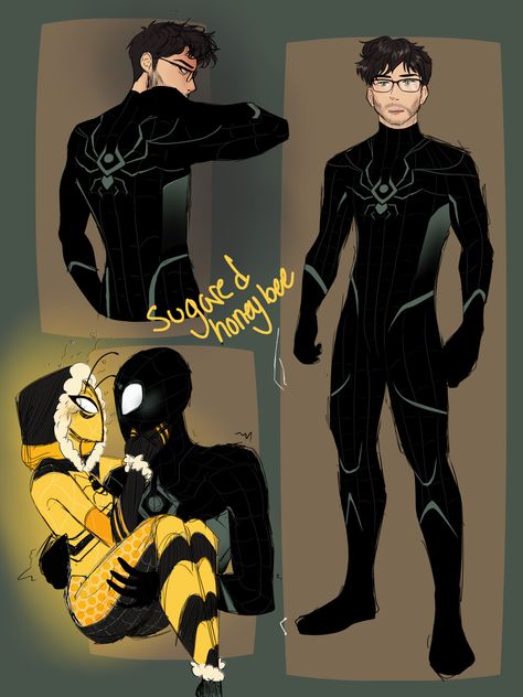 Made by me, please credit if reposted my instagram is sugaredhoneybee Spider Man Suit Fan Art, Marvel Villain Oc, Spidersona Suit Designs, Symbiote Spidersona, Superhero Oc Ideas, Spider Man Costume Design, Spiderman Oc Art Suit, Spider Man Suit Concept Art, Asian Spiderman