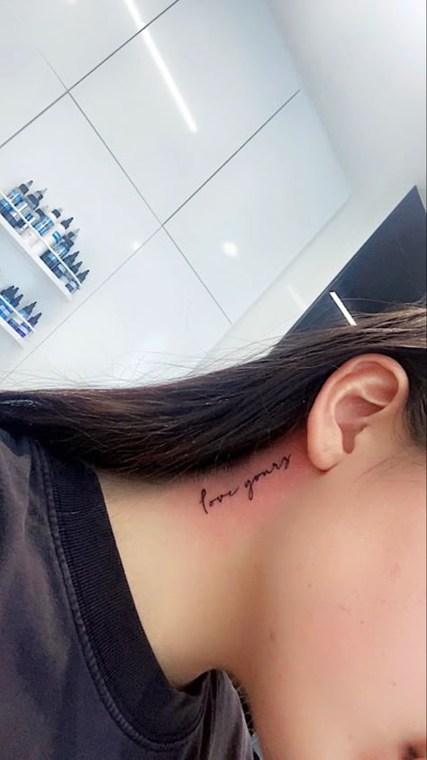 Love Yourz J Cole Tattoo Red, Love Yourz J Cole Tattoo Neck, Love Yourz J Cole Tattoo Behind Ear, 4 Your Eyes Only J Cole Tattoo, Love Yourz J Cole Tattoo Cursive, Neck Tattoo Fine Line, Word Neck Tattoos Women, Cursive Neck Tattoo, Pretty Neck Tattoos Women