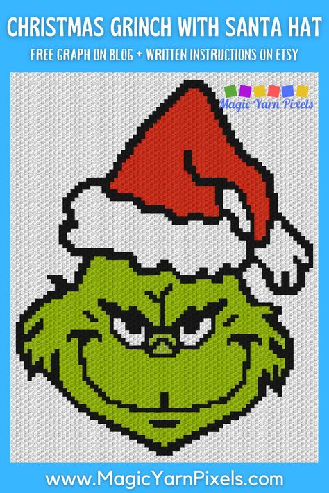 Get the Free Graph for this Christmas Grinch With Santa Hat Pattern. Modern graphs for c2c crochet, cross stitch & other crafts from Magic Yarn Pixels. Grinch Crochet, Intarsia Crochet, Santa Hat Pattern, Crochet C2c Pattern, Grinch Crafts, Crochet Cross Stitch, Christmas Crochet Blanket, C2c Crochet Pattern Free, Dollar Store Christmas Crafts