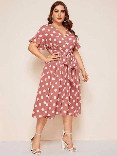 Shein Plus Polka Dot Flounce Sleeve Belted Dress Elegant Wrap Dress, Flare Dress Casual, Dots Clothing, Polka Dots Outfit, Sukienki Plus Size, Shein Dress, Vestidos Vintage, Flounce Sleeve, Looks Chic