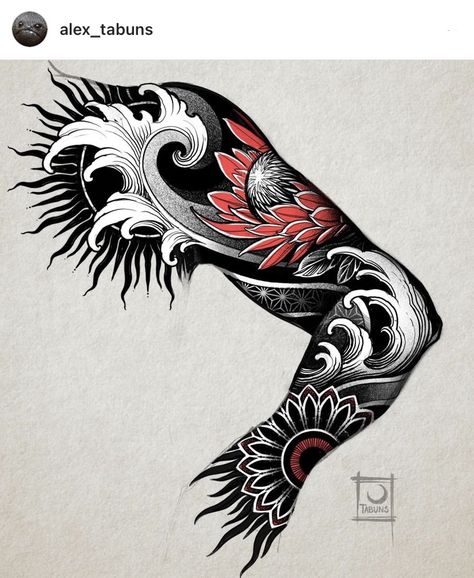 Asian Style Tattoo Sleeve, Full Arm Japanese Tattoo, Irezumi Sleeve Design, Japanese Ornament Tattoo, Japanese Waves Tattoo Design, Traditional Japanese Wave Tattoo, Wave Japanese Tattoo, Modern Japanese Tattoo Designs, Water Tattoo Sleeve