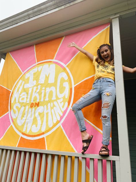 Walking On Sunshine Bid Day, Sunshine Theme, Bid Day Themes, Walking On Sunshine, Phi Mu, Bid Day, Sorority, Beach Mat, Outdoor Blanket