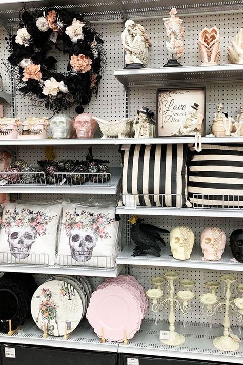 See Michaels Pastel Goth Halloween Decorations Michael's Halloween Decor, Pastel Witch Bedroom, Pink Goth Home Decor, Cute Goth Decor, Pastel Goth Office, Pastel Goth Bedroom Aesthetic, Pastel Goth Room Aesthetic, Pink Halloween Home Decor, Pink Goth Decor