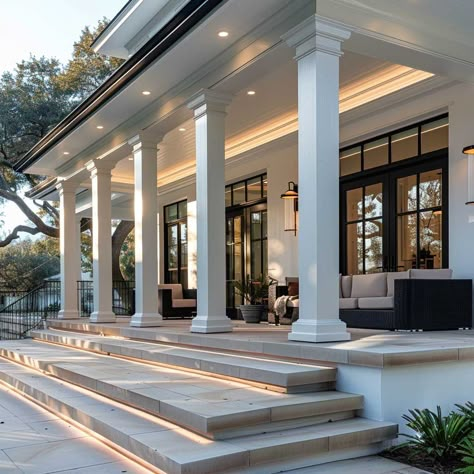 9+ Minimalist Front Porch Columns Ideas for a Clean Design • 333+ Art Images Front Porch Inspo Modern, Pergola Ideas For Front Of House, Porch Stone Ideas, Porch Pole Wrap Ideas, White House With Columns, Homes With Columns Exterior, Brick House White Columns, White Columns Porch, Modern Exterior Columns