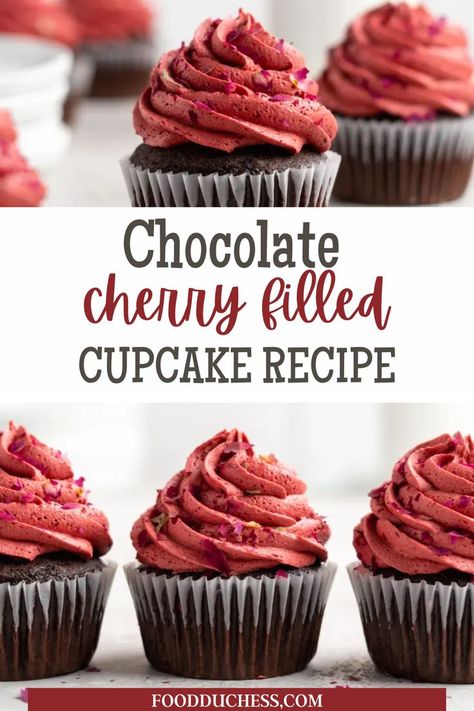 This Chocolate Cherry Filled Cupcake Recipe has such a great flavor combination. They are perfect for holidays especially Valentine's Day. The inspiration for these Chocolate Cherry Filled Cupcakes came, of course, from Valentine’s Day! If you’re in need of a simple and quick dessert recipe that is still Valentine’s Day themed, then look no further! To give them even more love-day vibes, you could decorate them with heart sprinkles or use Valentine’s day themed cupcake wrappers! Filled Chocolate Cupcakes, Chocolate Cherry Cupcakes, Cherry And Chocolate, Cherry Cupcakes, Canning Cherry Pie Filling, Cherry Jam, Cherry Chocolate, Filled Cupcakes, Gourmet Cupcakes