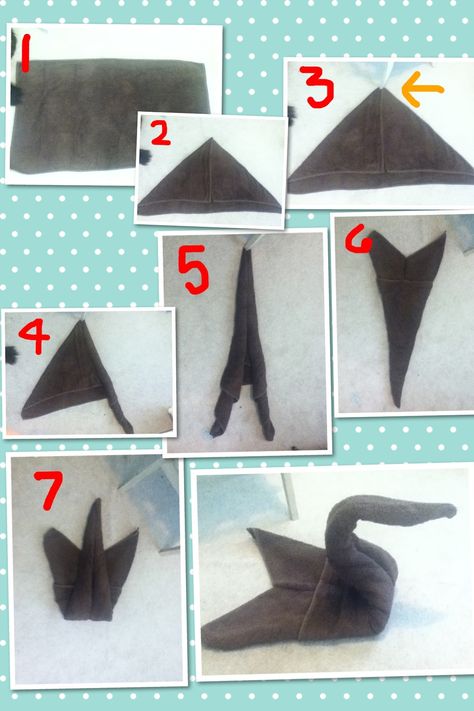 Create a cute swan out of a bath towel using these 8 steps!  *number 3 is pointing to a chair leg to hold the towel in place to make rolling tightly easier. Towel Folding Techniques, Towel Swan Tutorial, Make Bed Like Hotel, Towel Sculpture, Folding Washcloths, Paper Sculpture Techniques, Towel Swan, How To Roll Bath Towels, Toilet Paper Origami