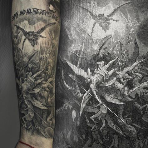 Tattoo artist 🌿 Printmaker on Instagram: “Tattoo work by engraving by Gustave Dore🔥 Healed #engraving #etching #dore #tattoo #graphic #graphictattoo #tattooartist #israeltattoo…” Gustav Dore Tattoo, Gustavo Dore Tattoo, Bible Scene Tattoos, Deadmans Hand Tattoo Design, Exodus Tattoo, Abyss Tattoo, Gustave Dore Tattoo, Angel Sleeve Tattoo Mens, Etching Tattoo Sleeve