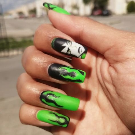 Kim Possible Nail Art, Kim Possible Nails, Shego Nails, Hex Girls, Cartoon Designs, Kim Possible, Halloween Nail Designs, Nails 2024, Acrylic Nail Art