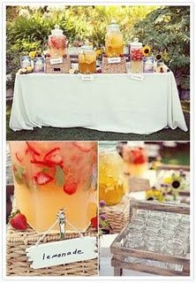 Drinks Tables. beverage dispensers with various drinks- sangria, lemonade, water. Beer and wine Wedding Lemonade Stand, Lemonade Wedding, Lemonade Bar, Diy Dessert, Summer Bridal Showers, Drink Station, 100 Layer Cake, Snacks Für Party, Food Display