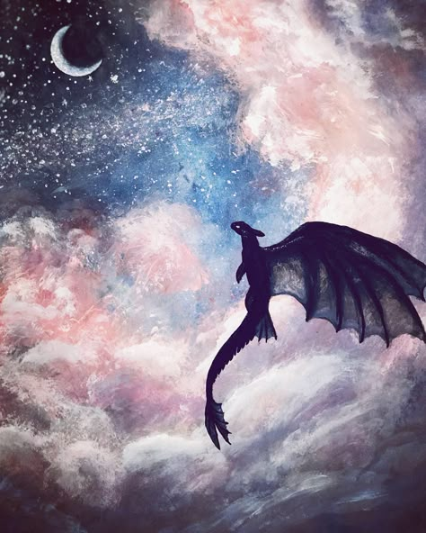 Cute Toothless Art, Cloud Dragon Art, Painting Of A Dragon, How To Train Your Dragon Watercolor, How To Train Your Dragon Phone Wallpaper, Toothless Dragon Painting, Httyd Watercolor, Watercolor Art Dragon, Watercolor Toothless