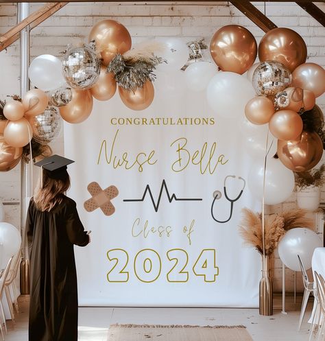 Nurse Graduation Backdrop Class of 2024, Custom Personalized Backdrop, ANY SCHOOL COLOR, Printed Backdrop, Grad Party Decor, Photo prop, grad200  Matching items: https://www.etsy.com/shop/themommybarn?ref=seller-platform-mcnav&search_query=Grad200 Personalized Graduation Tapestry - Polyester Fabric - High Quality How it works: 1. Select the size from the drop-down menu:  Small: 26x36 Medium: 51x60 Large: 68x80 Extra Large: 88x104  Turnaround Time: 5-7  business days + 3-5 days for shipping Detai Nurse Graduation Party Backdrop, Graduation Party Ideas For Nurses, Nurses Graduation Party Ideas, Nurse Graduation Backdrop, Nursing School Grad Party Ideas, Graduation Nurse Party Ideas, Nursing Graduation Decorations, Nurse Grad Party Ideas, Nurse Party Theme