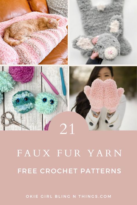 Don't know what to crochet with faux fur? Then this round up is just for you! It's filled with over 20 FREE crochet patterns that are made with faux fur! From faux fur amigurumi crochet patterns to wearable patterns, this round up has a little bit of everything. Fun Fur Yarn Projects Crochet, Crochet Projects With Fuzzy Yarn, Crochet Fur Yarn Projects, Faux Fur Yarn Crochet Projects, Faux Fur Crochet Amigurumi, Go For Faux Yarn Crochet Patterns, Crochet Faux Fur Patterns, Fuzzy Yarn Crochet Patterns, Faux Fur Yarn Projects