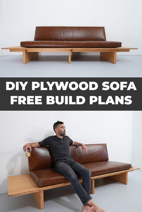 This DIY sofa is made out of bamboo plywood and was designed by Ben Uyeda of HomeMade Modern.  This DIY sofa is can be made with just three basic power tools. A full build video and free plans of this plywood sofa are available. Plywood Sofa Diy, Homemade Sofa Wood, Wooden Sofa Diy, Homemade Couch Diy, Diy Platform Sofa, Sofa Diy Ideas How To Build, Japanese Style Sofa, Japanese Sofa Design, Plywood Sofa Design