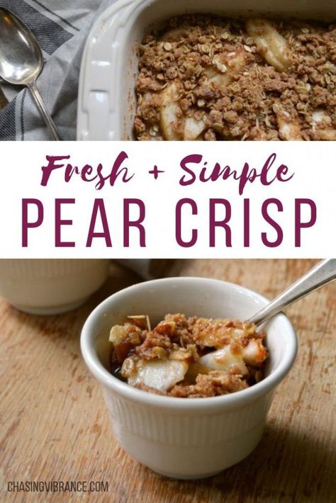 You're going to love this Simple Pear Crisp recipe! Perfect for an easy, comfort food fruit dessert made with HEALTHY ingredients + fresh pears + cinnamon spice. | Pear crisp with oats | Pear crisp healthy | Pear crisp easy | Pear crisp recipe | #pear #healthyrecipes #healthy #dessertfoodrecipes #desserts #dessertrecipes #oatmeal #oat #fallrecipes Pear Crumble Recipe, Pear Cobbler, Pear Dessert Recipes, Apple Crisps, Crisp Desserts, Fall Dessert Recipes Easy, Pear Crisp, Pear Butter, Pear Crumble