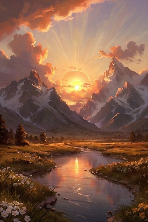 breathtaking mountain landscape at sunset Mountains Reference Photo, Mountain Sunset Drawing, Sunrise Mountain Painting, Drawing Landscape Ideas, Mountain Fantasy Art, Mountain Sunset Aesthetic, Beautiful Sunset Mountains, Landscape Reference Photos For Artists, Landscape Ideas Painting