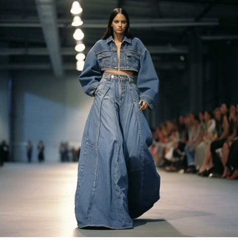 Oversized Denim Jumpsuit, Denim On The Runway, Denim High Fashion, Denim On Denim Outfit Winter, Denim Fashion Runway, Denim Runway, Denim Editorial, Double Denim Looks, Dramatic Fashion