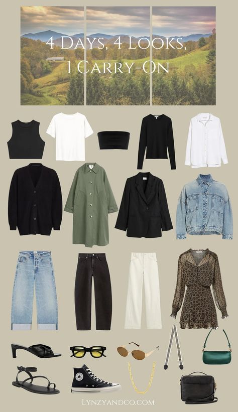 Pack Minimally: 4 Days, 6 Looks, 1 Carry-On - by Lynzy 4 Day Packing List Winter, Pack For 5 Days In A Carry On, Thanksgiving Packing List, 5 Day Packing List Fall, West Coast Outfits, Sydney Trip, Manifest 2024, Relaxed Fashion, Wardrobe Aesthetic