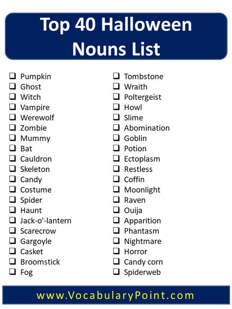 Are you ready to dive into the spookiest season of the year? Halloween is just around the corner, and it’s time to embrace all things eerie and mysterious. From haunted houses to creepy costumes, there’s something thrilling about this holiday that sends shivers down our spines. And what better way to get into the Halloween ... <a title="List Of Halloween Noun (Halloween Vocabulary)" class="read-more" href="https://vocabularypoint.com/list-of-halloween-noun/" aria-label="More on... Apocalypse Costume, Memory Care Activities, Halloween Lunch Box, Halloween Vocabulary, Pumpkin Carving Tools, Haunted Woods, Scary Tales, Haunted Hayride, Opera Mask