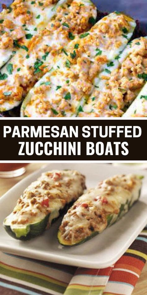 Indulge in the cheesy goodness of these Parmesan Stuffed Zucchini Boats.  A low-carb twist on a classic comfort food, perfect for a satisfying keto meal! Cheesy Zucchini Boats, Zucchini Recipes Boats, Easy Zucchini Boat Recipes, Low Carb Supper Ideas Easy Dinners, Stuff Zucchini Recipes, Air Fryer Zucchini Boats, Low Carb Vegetable Side Dishes, Zucchini Recipes Low Carb, Zucchini Boats Beef