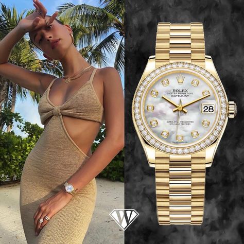 Hailey Bieber with her golden Rolex Datejust | Superwatchman.com Hailey Bieber Rolex Watch, Rolex Watches Women Classy, Pretty Watches, Stylish Watches Men, Rolex Watches Women, Rolex Women, Gold Rolex, Celebrity Jewelry, Luxe Jewelry