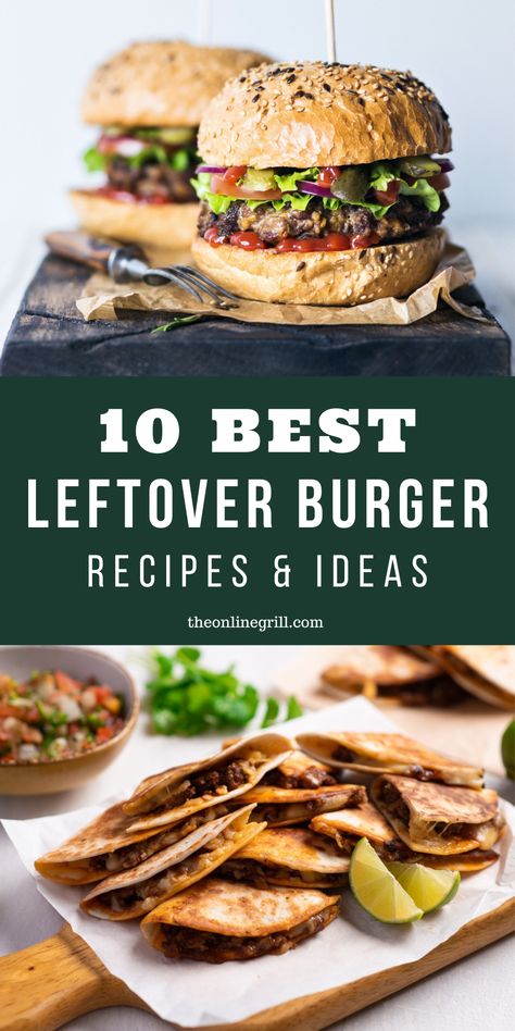 Easy leftover hamburger recipes and delicious meal ideas that make the most of your burger patties. From cheesy beef quesadillas to sloppy joe sandwiches, here’s what to do with leftover hamburgers. Things To Make With Hamburger Patties, Hamburger Patty Ideas For Dinner, Meals With Burger Patties, What To Do With Leftover Hamburger Patty, Leftover Burger Recipes, Meals With Hamburger Patties, What To Do With Burger Patties, Things To Make With Burger, Recipes With Beef Patties