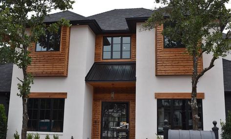 Black Windows Wood Trim Exterior, Mid Century Modern House Exterior, Door Projects, Mid Century Exterior, Pella Windows, Aluminium Cladding, Window Trim Exterior, Black Window, Modern Style Homes