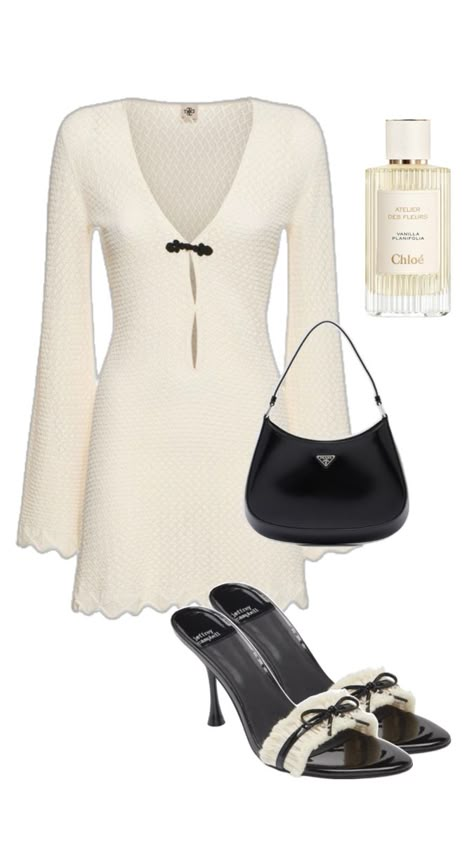 Dress, Kitten Heels, Prada Cleo, Perfume, White, Creme, Silver  #jeans #jeanskirt #dress #loafers #adidas #sambas #longhcamp #chanel #prada #ysl #outfit #inspo #outfitinspo #trendy #aesthetic #perfume Silver Heels Outfit, Formal Dress Outfit, Ysl Outfit, Aesthetic Perfume, Prada Cleo, Adidas Sambas, Heels Outfits, Dress Loafers, Outfit Inspo Casual