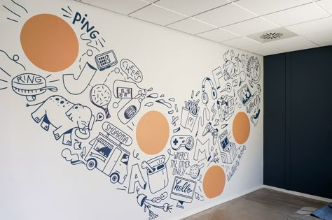 Wallnuts Murals - Jamf Emmen (via M Moser) Wall Doodle, Ping Pong Room, Illustrator Video, Office Murals, Office Wall Graphics, Office Mural, Antique Trunk, Tea Cafe, Bouncy Balls