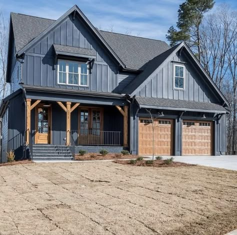 Farmhouse Monotone House Exterior, Dark Exterior House Colors Farmhouse, Dark Blue House Exterior With Wood, Gina Montana, Blue Farmhouse Exterior, Blue Siding House, Rustic Exterior House Colors, Dark Exterior House, Dark Blue House Exterior