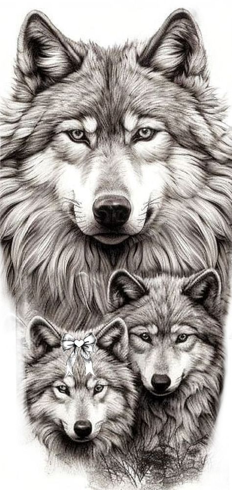 Wolf And 2 Cubs Tattoo, Momma Wolf Tattoo, Mama Wolf And Cubs Tattoo, Wolf And Cubs Tattoo, Wolf Mom And Pup Tattoo, Wolf Mom Tattoo, Wolf And Cub Tattoo Design, Bear Family Tattoo, Feminine Wolf Tattoo Design