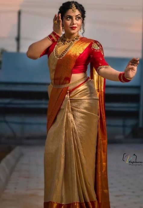 Kanchivaram Saree For Bride, Gold And Red Wedding Saree, Gold And Red Bridal Saree South Indian, Mustard Yellow Pattu Saree Wedding, Gold Saree With Red Blouse, Golden Wedding Saree, Red Saree Look, Red Blouse Design, Kerala Wedding Saree