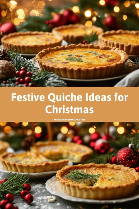 Festive Christmas table setting with elegant quiche dishes surrounded by holiday decorations and twinkling lights. Christmas Quiche Recipes Easy, Holiday Quiche Recipes, Christmas Morning Quiche, Fall Quiche Recipes, Christmas Quiche Recipes, Holiday Quiche, Christmas Quiche, Delicious Quiche, Easy Zucchini Recipes