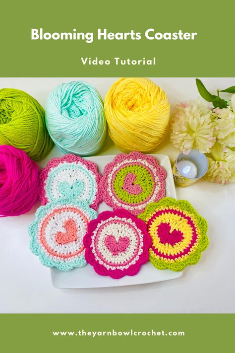 Free Video Tutorial for this cute Blooming Heart Crochet Coaster Crochet Heart Coaster, Easy Crochet Heart, Crochet Flower Coaster, Valentine Crochet, Blooming Heart, Wool Ideas, Crochet Valentine Patterns, Heart Coaster, Crochet Valentine