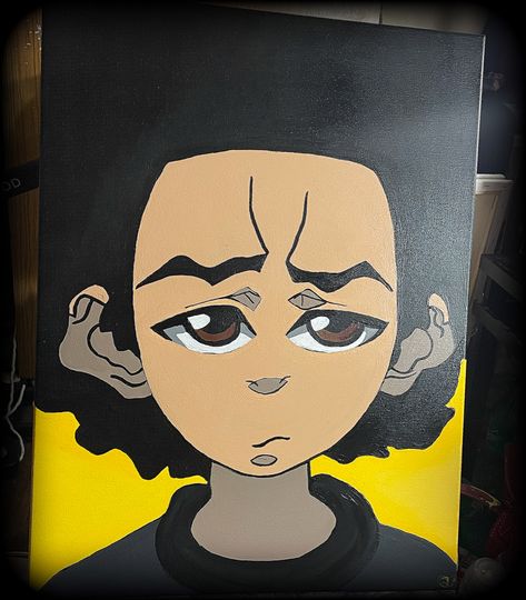 Boondocks Inspired Drawings, Boondocks Painting Canvas Easy, Boondocks Canvas Painting, Painting Ideas On Canvas Cartoon Characters, Boondocks Painting, Carti Concert, Huey Boondocks, Baddie Paintings Canvas, Stack Jeans