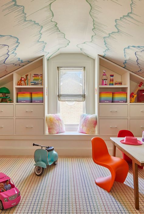 georgetown\, washington\, dc home designed by tina ramchandani creative playroom Playroom With Slanted Ceiling, Built In Playroom, Attic Playroom Ideas Sloped Ceiling, Kids Playhouse Interior, Attic Playroom Ideas, Fun Playroom Ideas, Playroom/guest Room, Creative Playroom, Fun Playroom