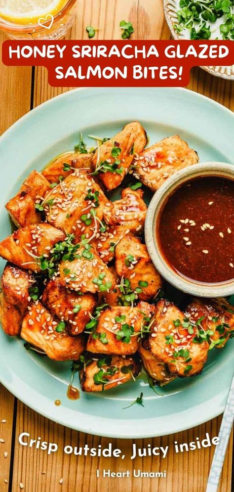 Try these irresistible Honey Sriracha Salmon Bites for a perfect combination of sweet, spicy, and savory flavors. Salmon Bites Air Fryer, Honey Sriracha Salmon, Gluten Free Asian Recipes, Sriracha Salmon, Salmon Bites Recipe, Honey Sriracha Sauce, Zucchini Side Dishes, Salmon Bites, Authentic Asian Recipes