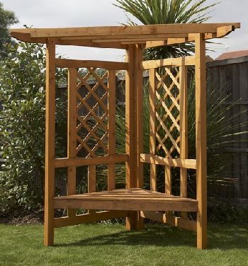 Corner Arbour, Garden Seats, Corner Pergola, Garden Corner, Corner Bench, Corner Garden, Privacy Screens, Garden Yard Ideas, Diy Pergola