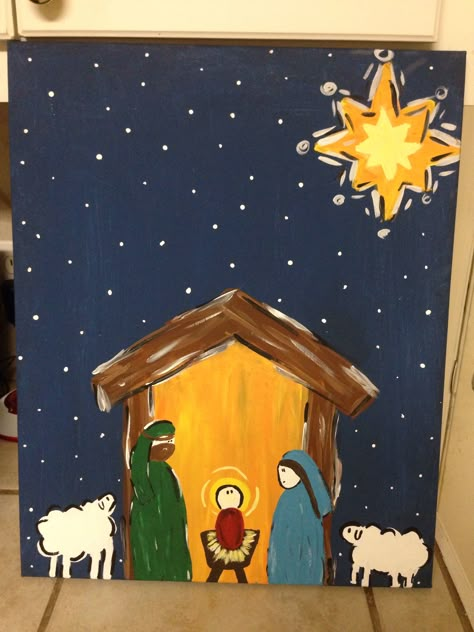 Nativity Canvas Painting Nativity Painting On Canvas, Diy Christmas Canvas, Nativity Painting, Acrylic Canvas Art, Diy Christmas Paintings, Diy Nativity, Christmas Paintings On Canvas, Paintings Easy, Nativity Crafts