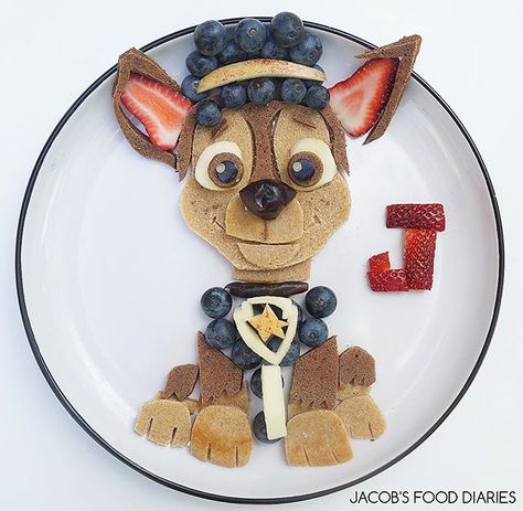 CHASE from PAW PATROL Spelt pancakes with fruit . . . . . #pawpatrol #chase #nickelodeon #foodart #food #art #foodartist #funfood #breakfast #pancakes #cocoa # buzzfeed #eeeats #spelt #organic #healthy #children #medjooldates #blueberries #Apples #strawberries #instagood #chiaseeds #melbourne #melbournemum #fruit Fruit Pancakes, Pancake Art, Decorações Com Comidas, Food Art For Kids, Food Artists, Creative Food Art, Fun Kids Food, Toddler Meals, Breakfast For Kids