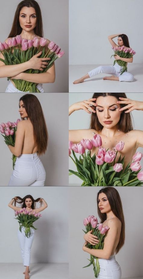 Flowers Poses Photography, Flower Woman Photography, Photography Poses Flowers, Photoshoot Ideas With Flowers, Photo Ideas With Flowers, Model With Flowers, Flower Photoshoot Creative, Pose With Flowers, Flower Top Photoshoot