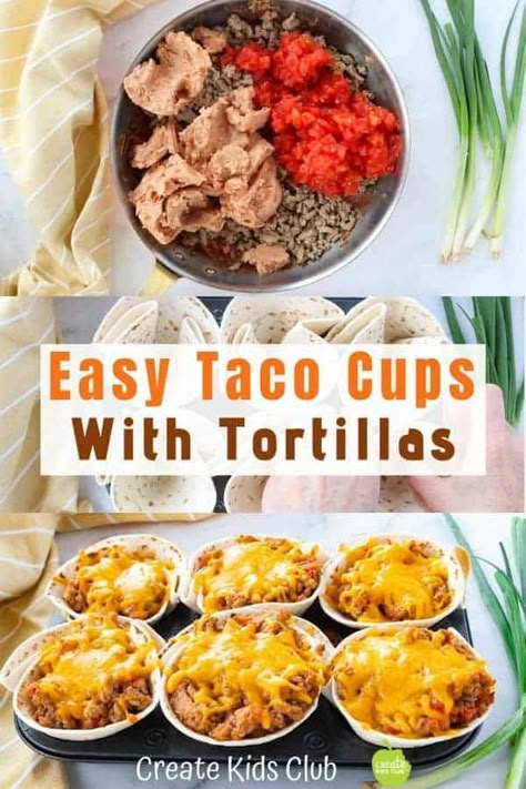 Easy Taco Cups made with tortillas are a simple healthy dinner kids love! #createkidsclub #easytacocups #tacocupstortilla #bakedtacos #easybakedtacos Tacos For Kids, Dinner Kids Love, Easy Tacos, Taco Dishes, Dinner Kids, Healthy Liver Diet, Taco Tuesday Recipes, Baked Pesto Chicken, Taco Cups