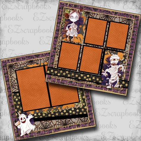 Halloween Premade scrapbook pages, just add your photos. Easy scrapbooking for anyone! Quick pages are the way to go to scrapbook your memories! Scrapbook Page Templates, Down Memory Lane Scrapbooking, Four Photo Scrapbook Layout, Diy Scrapbook Pages Ideas, Halloween Scrapbook Layouts Ideas, 12x12 Scrapbook Layouts Templates, Halloween Scrapbook Ideas, Halloween Scrapbook Pages, 4 Photo Scrapbook Layout