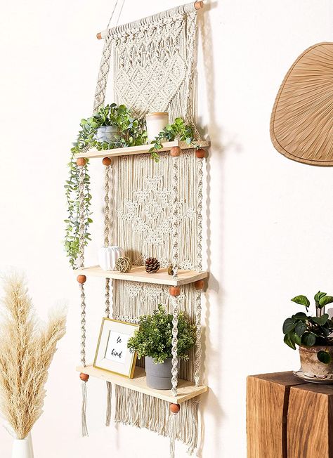 Macrame Furniture, Macrame Hanging Shelf, Koti Diy, Pola Macrame, Macrame Shelf, Wall Plant Hanger, Interior Boho, Diy Hanging Shelves, Living Room Table Sets