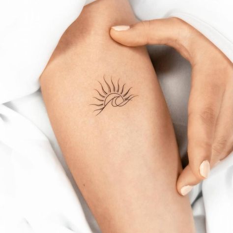 Fine line style sun and wave tattoo located on the Sun And Wave Tattoo, Wave Tattoos, Wave Tattoo, Inner Forearm, Ocean Tattoos, Sun Tattoos, Waves Tattoo, Sun Tattoo, Tattoos Gallery