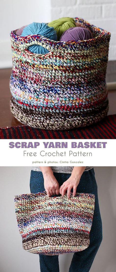 Scrap Yarn Basket, Yarn Scraps, Scrap Yarn Crochet, Crochet Storage Baskets, Crochet Basket Pattern Free, Yarn Basket, Crochet Storage, Scrap Yarn, Crochet Baskets